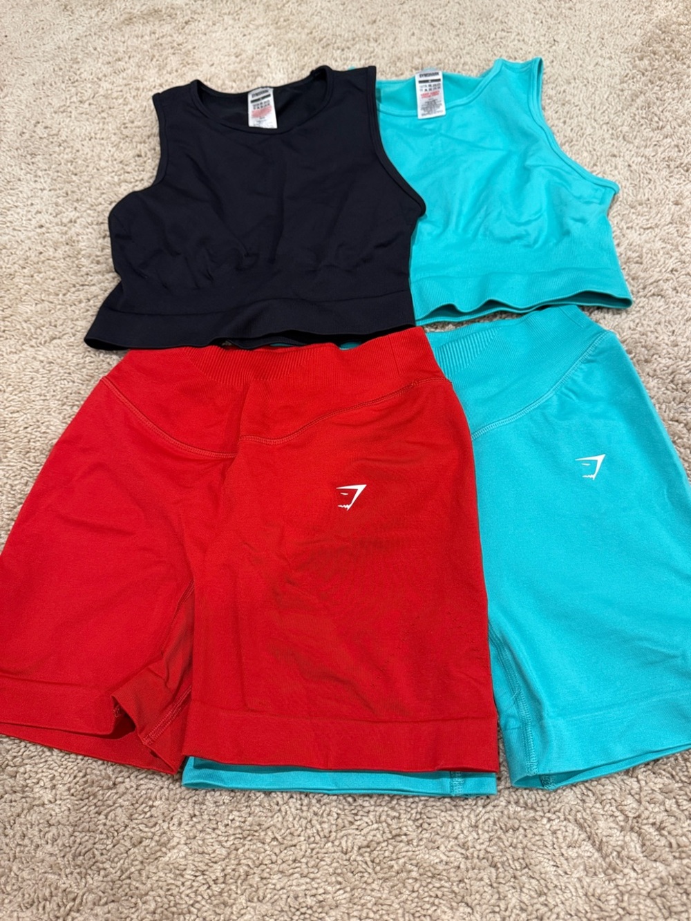 Gymshark Black Crop Top with Red & Teal Bike Shorts Set